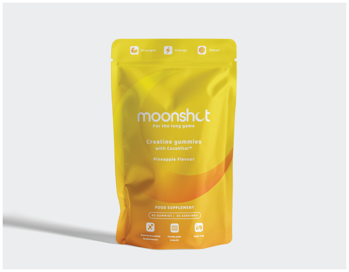 Moonshot Creatine & CocoVital gummies pouch, front — pineapple, 90 gummies