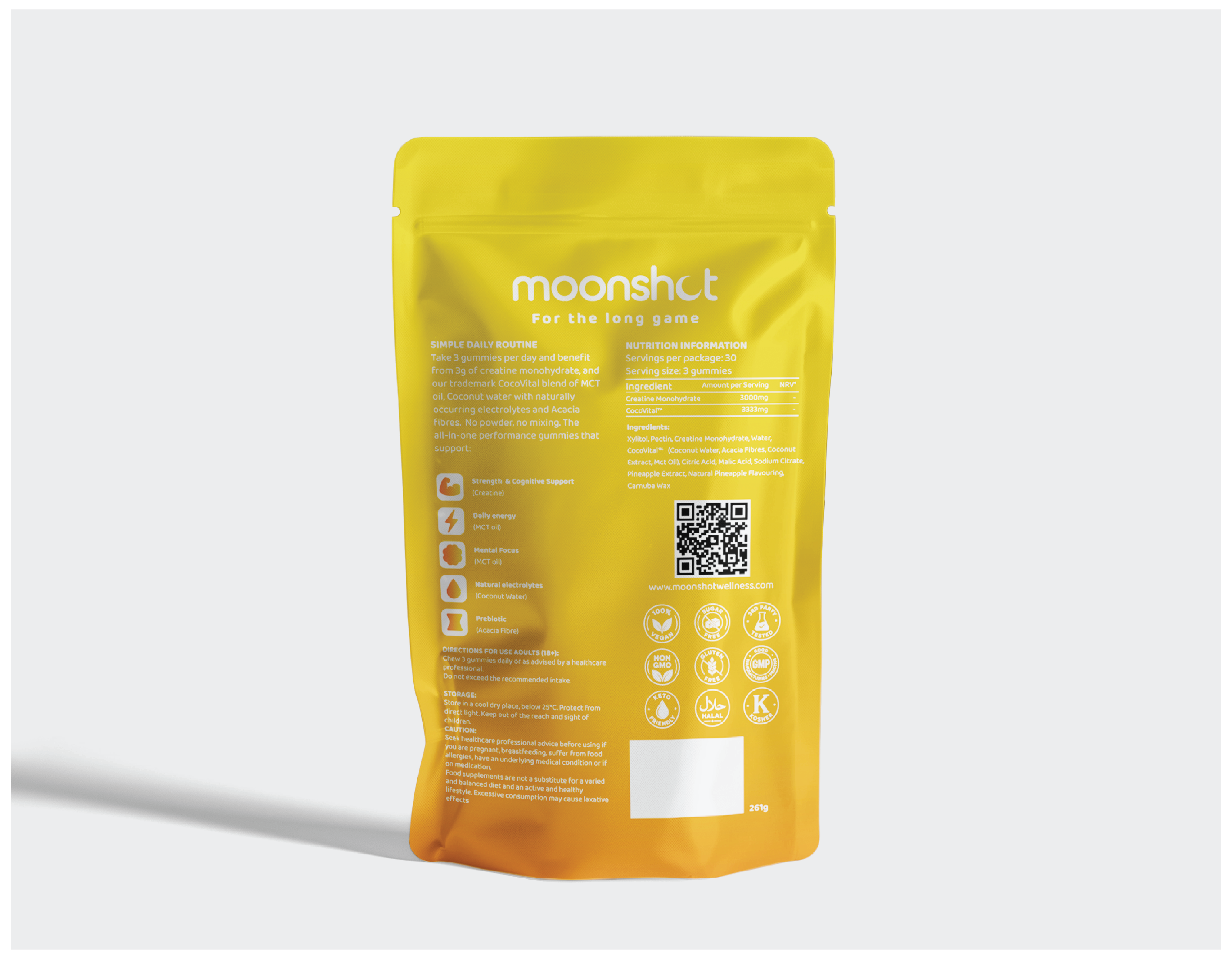 Moonshot creatine gummies, back of pack - nutrition information and ingredient breakdown