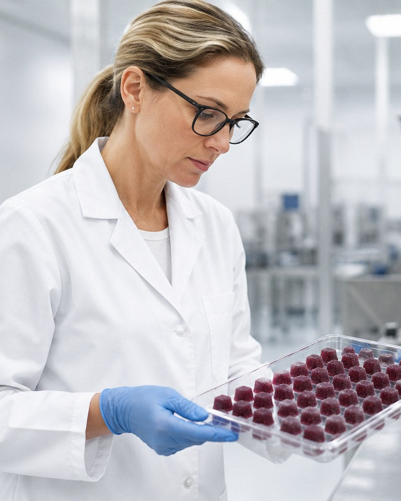 Moonshot lead pharmacist inspecting a batch of gummies in a UK production facility